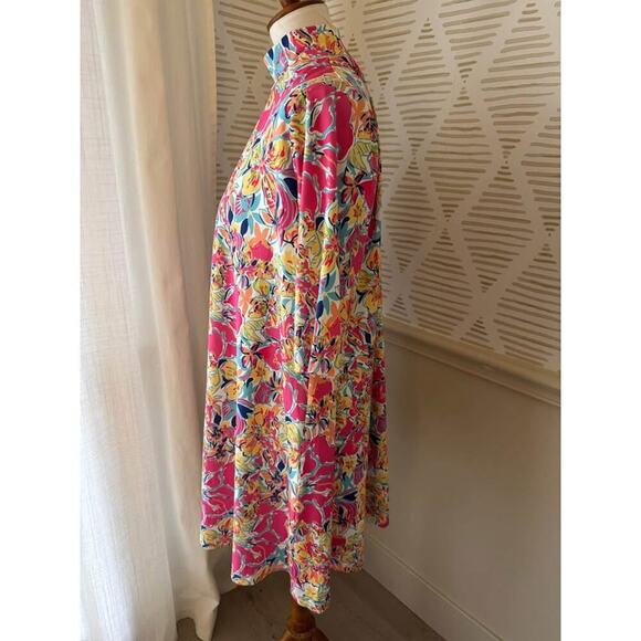 Erma’s Closet Women’s Medium Moc Neck Pink Tropical Floral Dress - Picture 3 of 6